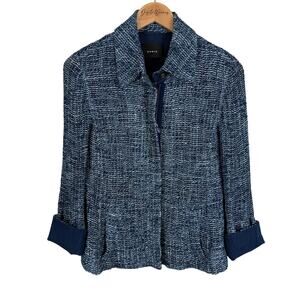 Akris Linen Blend Blue Blazer 8 Denim Cinch Waist Cotton Knit Coastal Breezy